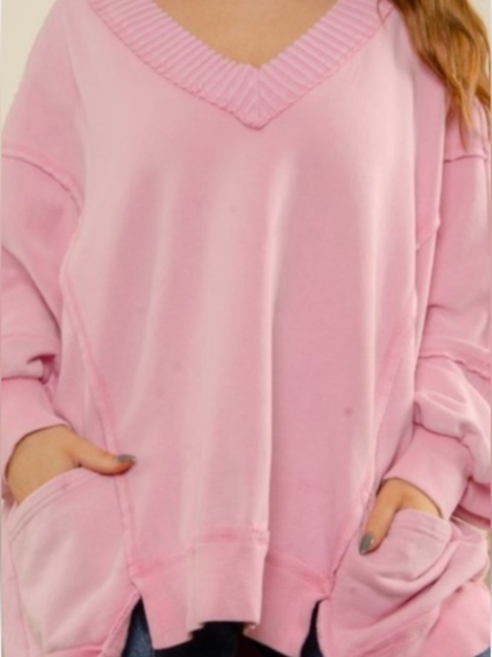 #194-0691 Blue Velvet New Relaxed V-Neck Pink Women's Sweater with Front Pockets
